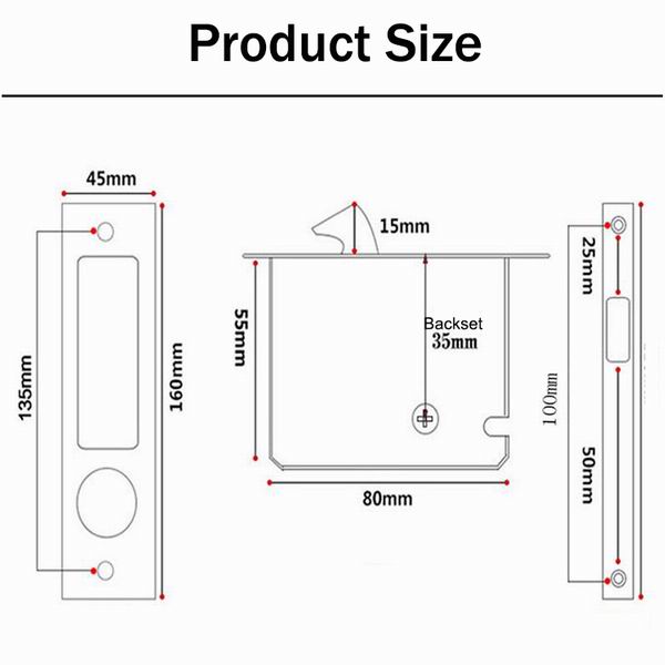 Long square design Bedroom house decoration Zinc alloy keyed sliding door lock set